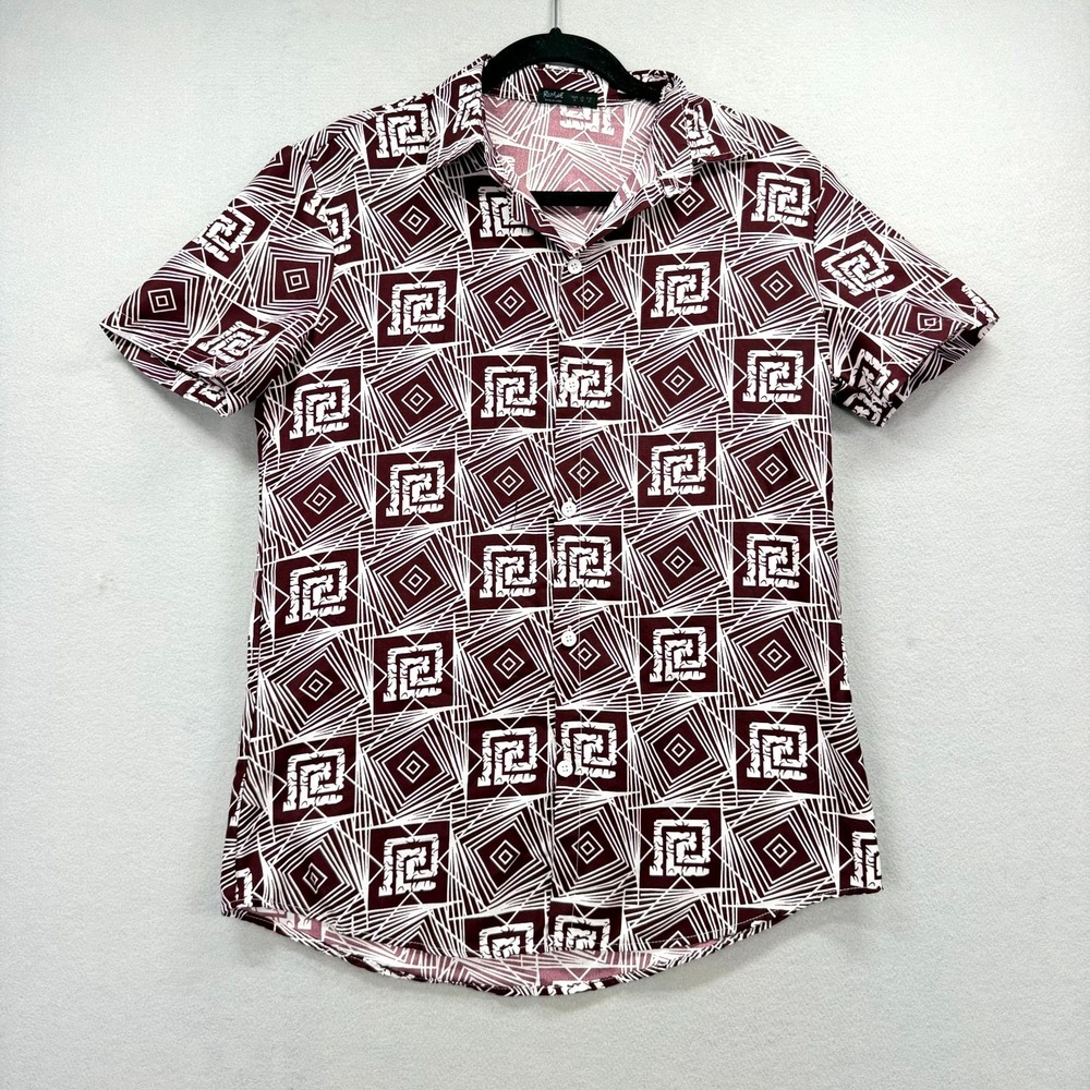 ROMWE Casual Shirt Mens Small Burgundy White Geometric Aztec Tribal Button Up